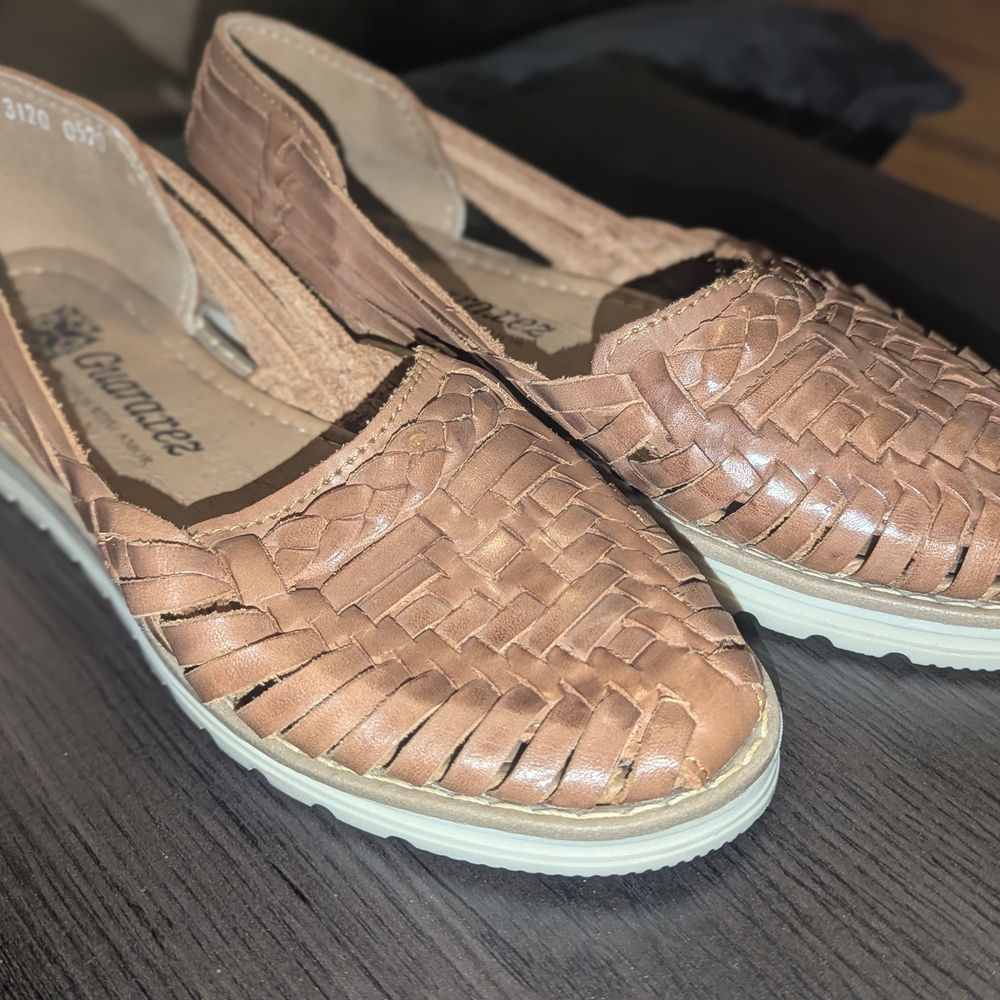 Brown Woven Leather Flats with Rubber Sole